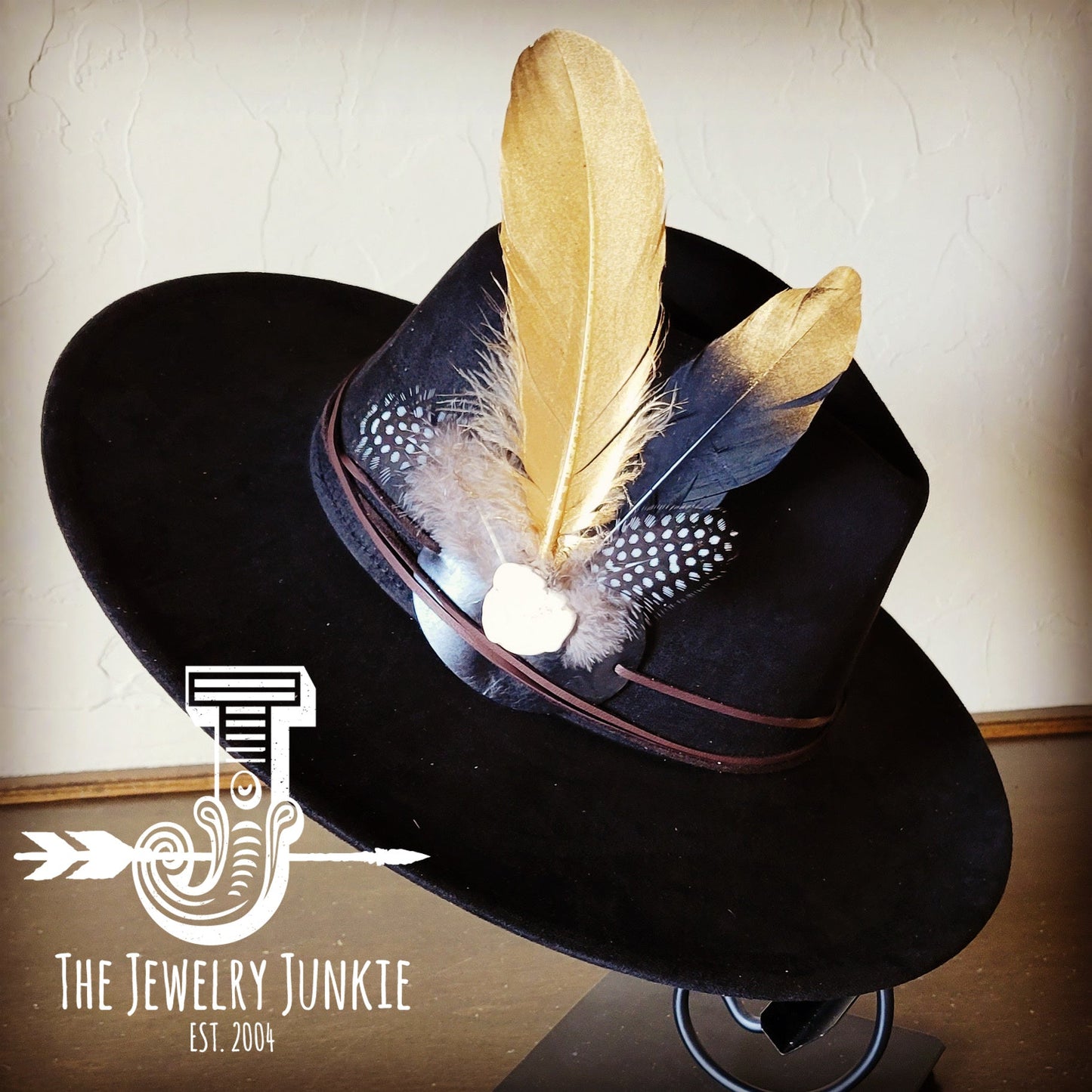 Boho Western hat with genuine leather hat band feathers and turquoise