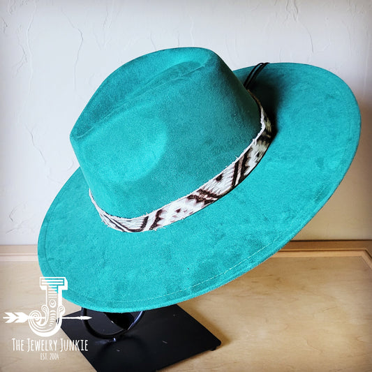 Boho Western hat with genuine leather hat band feathers and turquoise