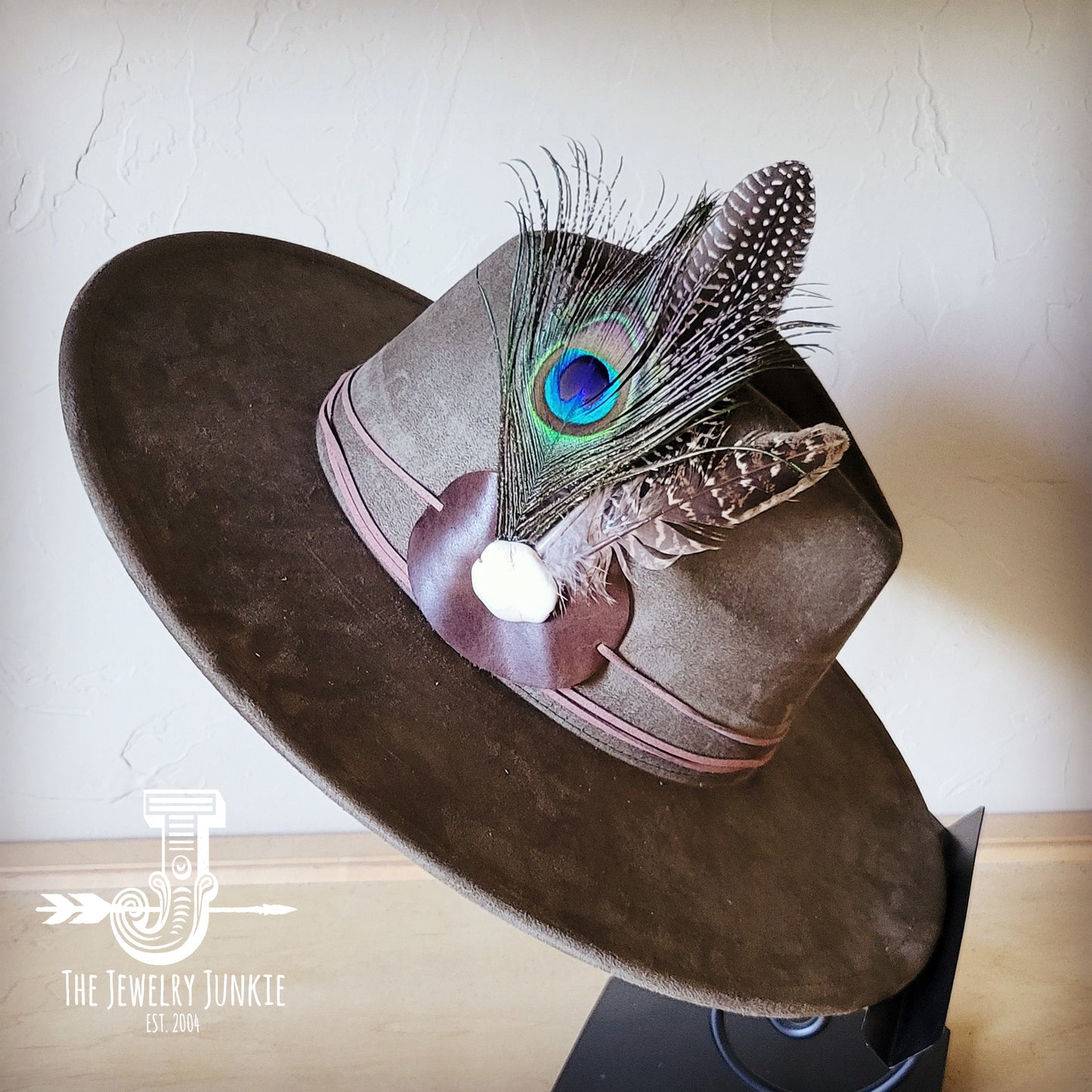 Boho Western hat with genuine leather hat band feathers and turquoise