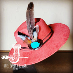 Boho Western hat with genuine leather hat band feathers and turquoise