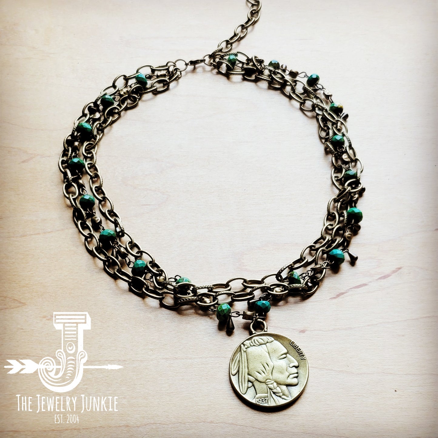 Green Jasper Collar-length Necklace w/ Indian Coin