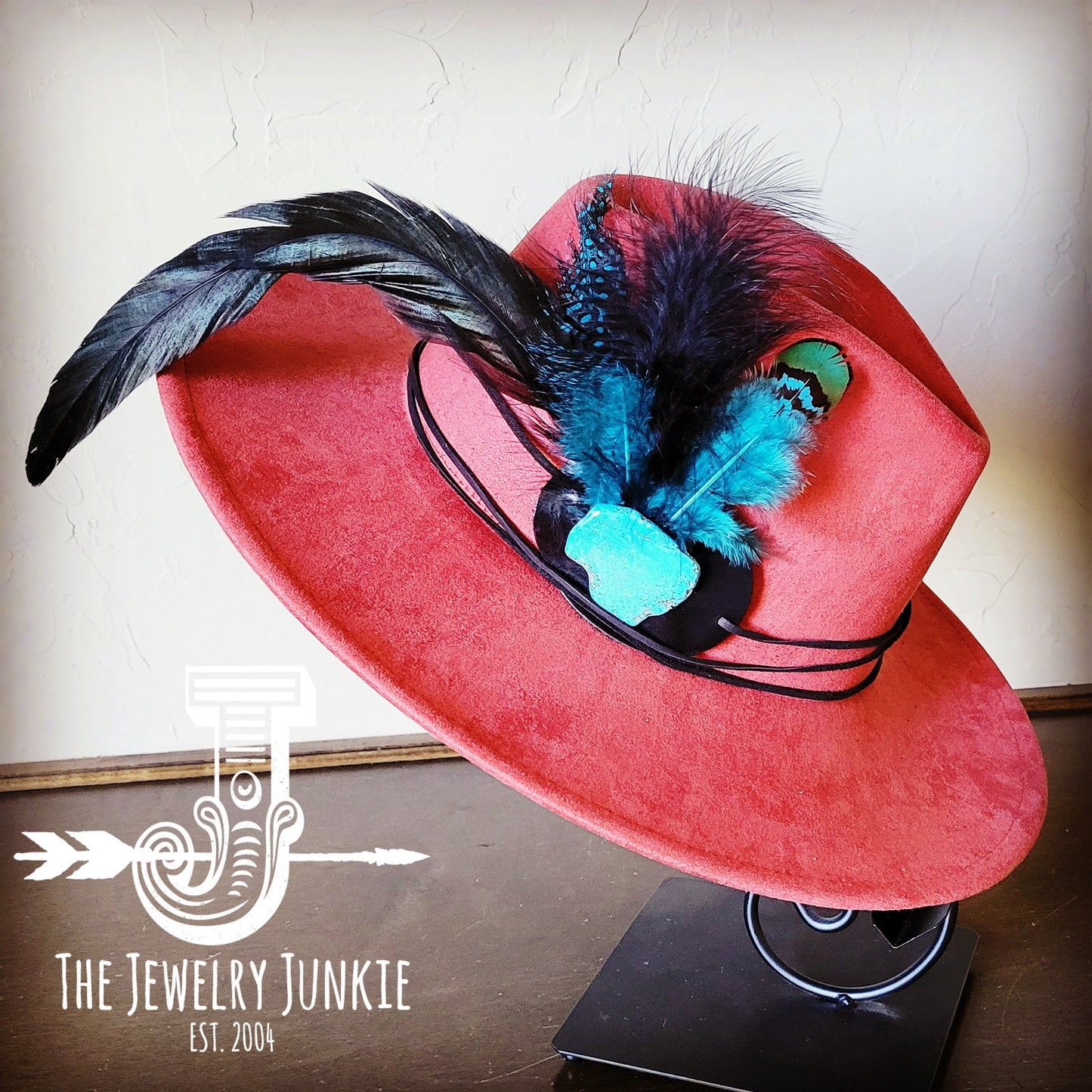 Boho Western hat with genuine leather hat band feathers and turquoise