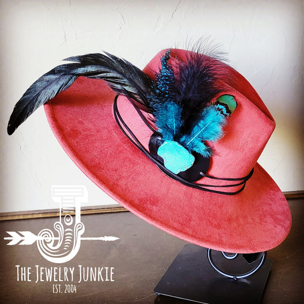 Boho Western hat with genuine leather hat band feathers and turquoise