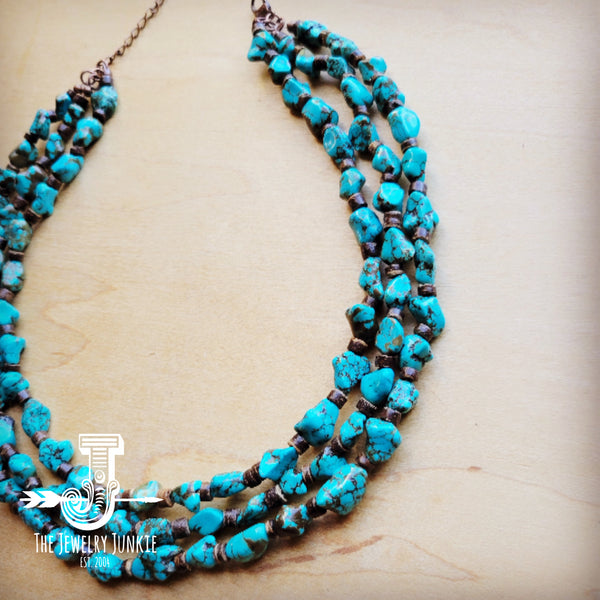 Triple Strand Blue Turquoise & Wood Collar Necklace 259f