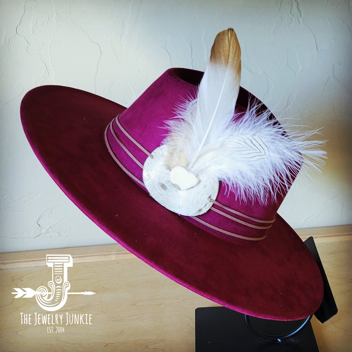 Boho Western hat with genuine leather hat band feathers and turquoise