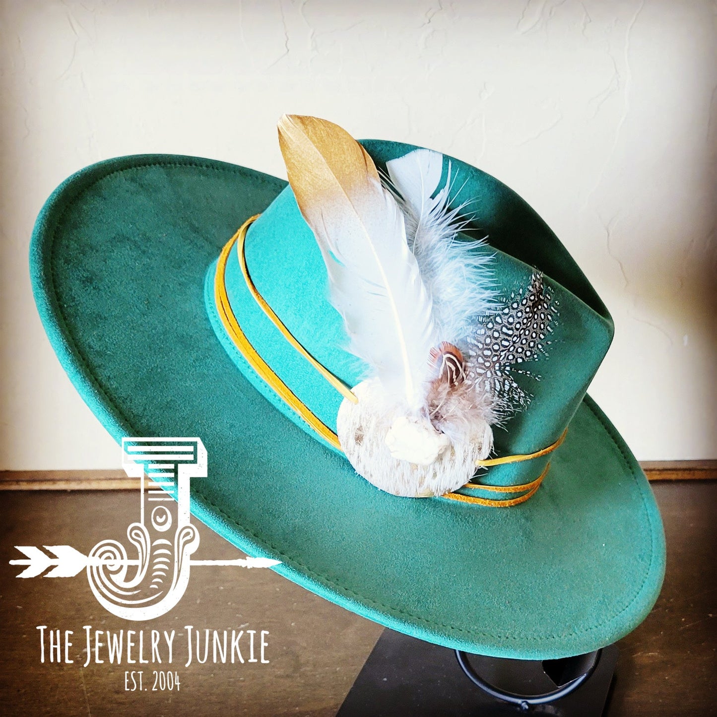 Boho Western hat with genuine leather hat band feathers and turquoise