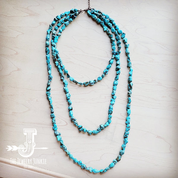 Long Genuine Blue Turquoise Triple Strand Necklace 259h