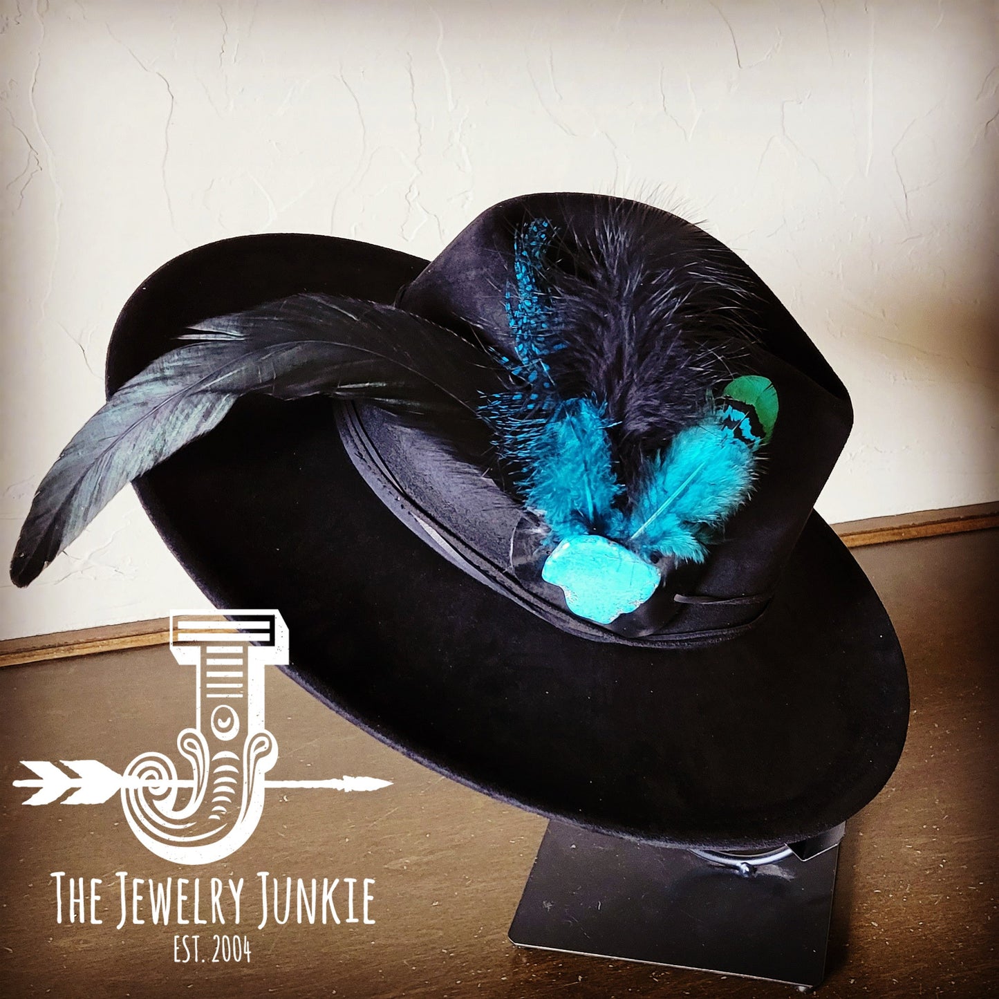 Boho Western hat with genuine leather hat band feathers and turquoise