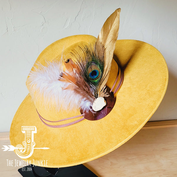 Boho Western hat with genuine leather hat band feathers and turquoise