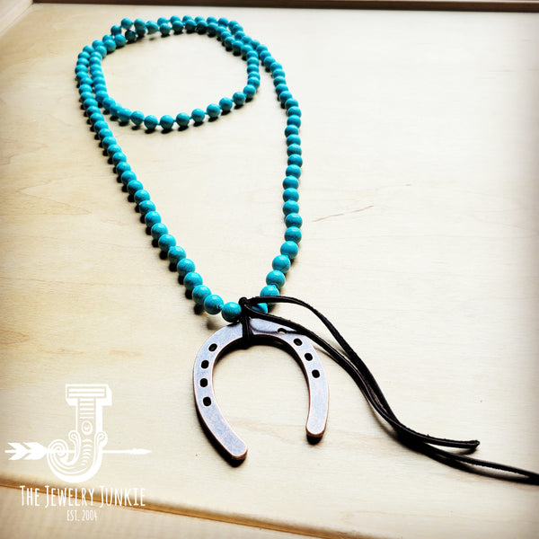 Long Turquoise Beaded Necklace w/ Copper Horse Shoe