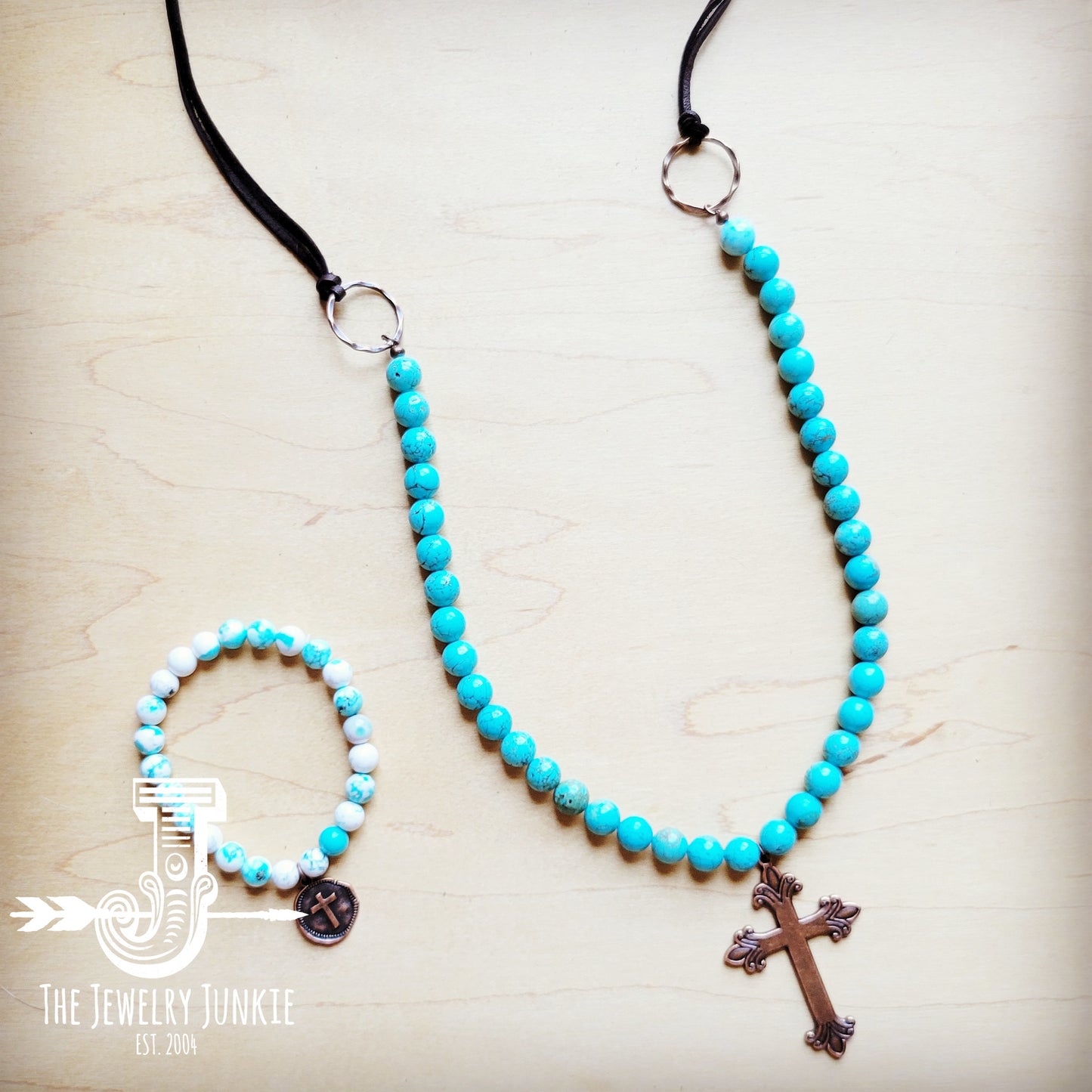 Frosted Magnesite Beaded Necklace w/ Copper Cross