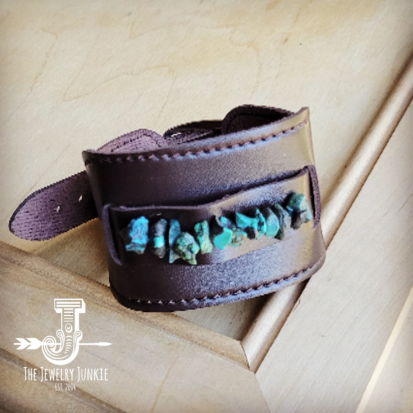 Wide Dark Leather Cuff with Natural Turquoise Chunks 011y