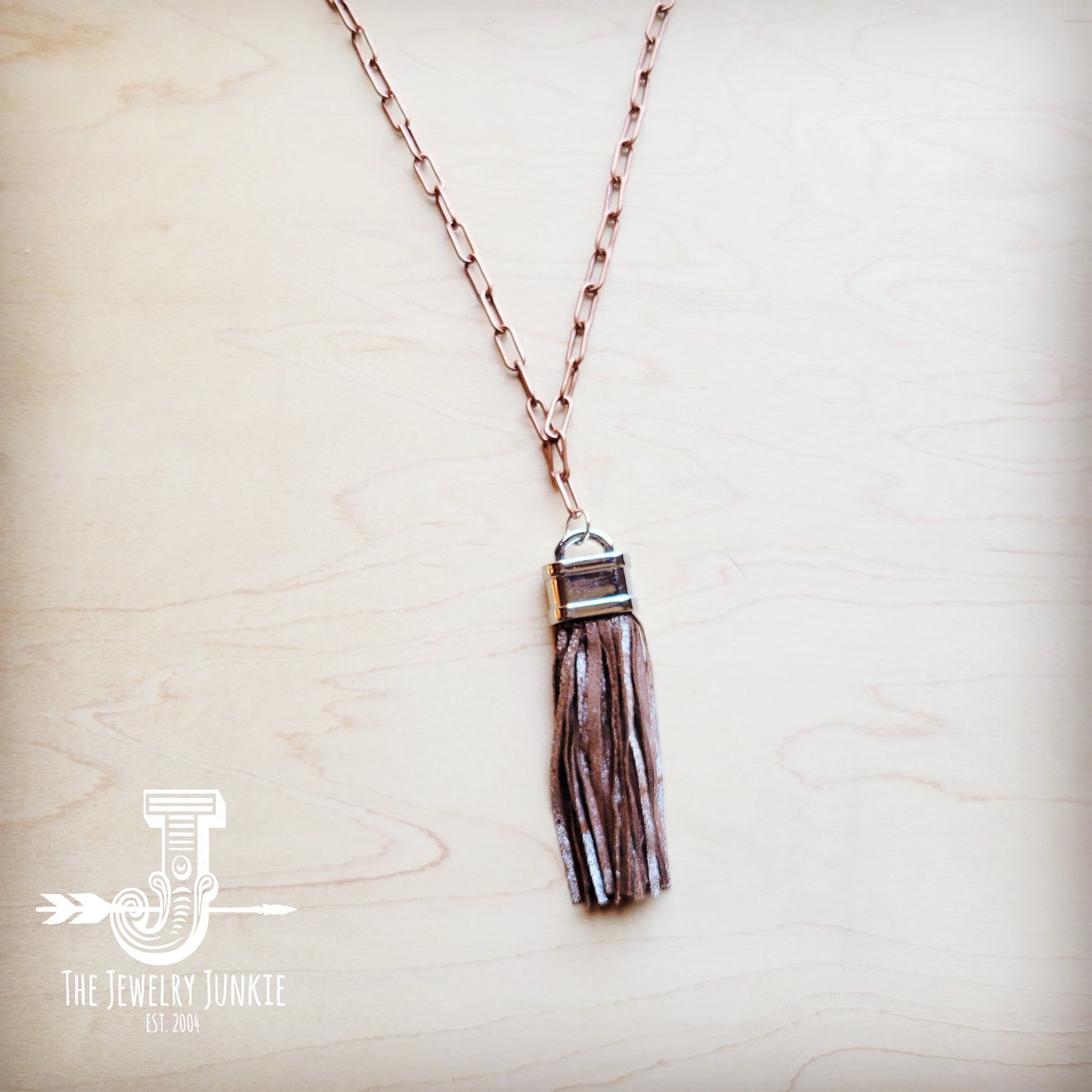 **Long Copper Necklace w/ Genuine Leather Tassel Pendant 258ke