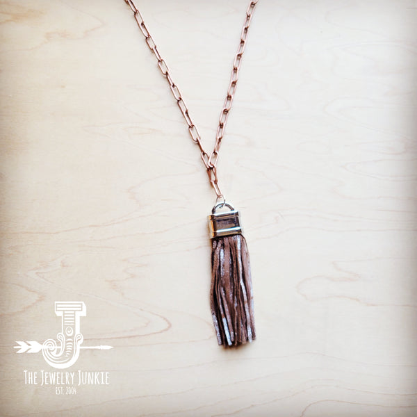 **Long Copper Necklace w/ Genuine Leather Tassel Pendant 258ke