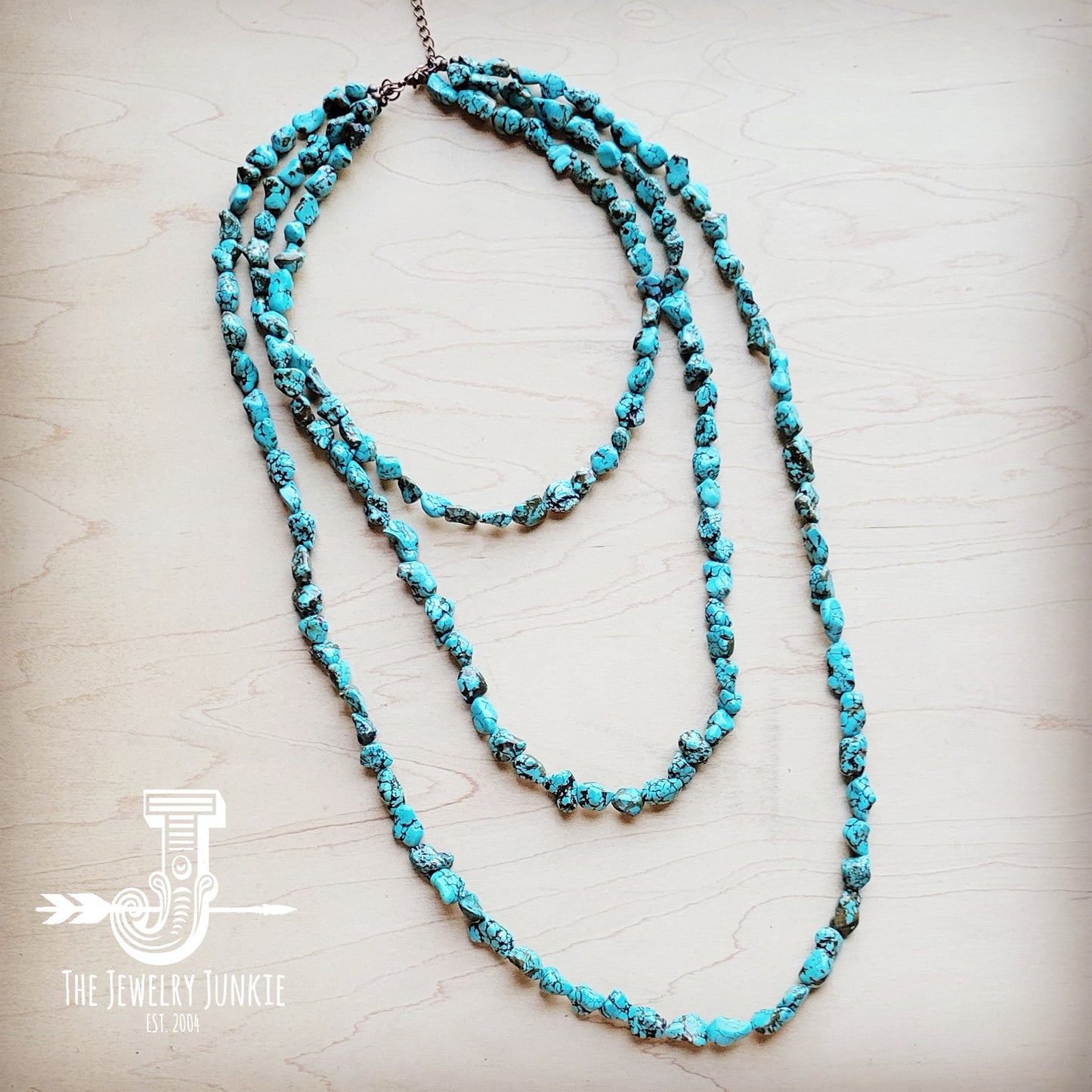 Long Genuine Blue Turquoise Triple Strand Necklace 259h