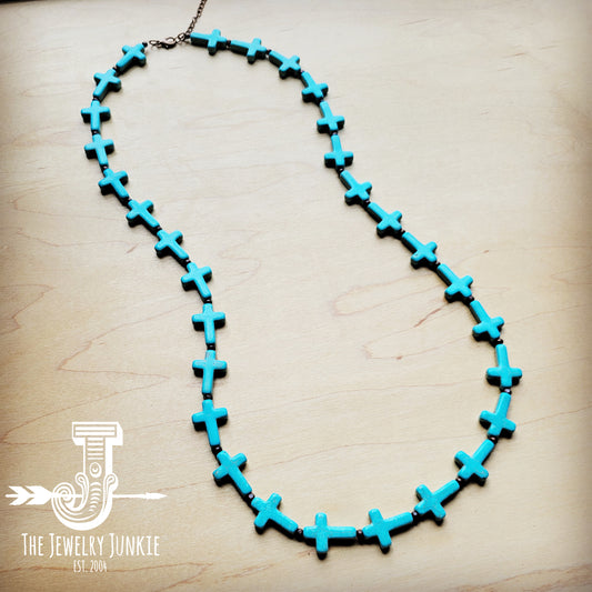 Blue Turquoise & Wood Beaded Cross Necklace