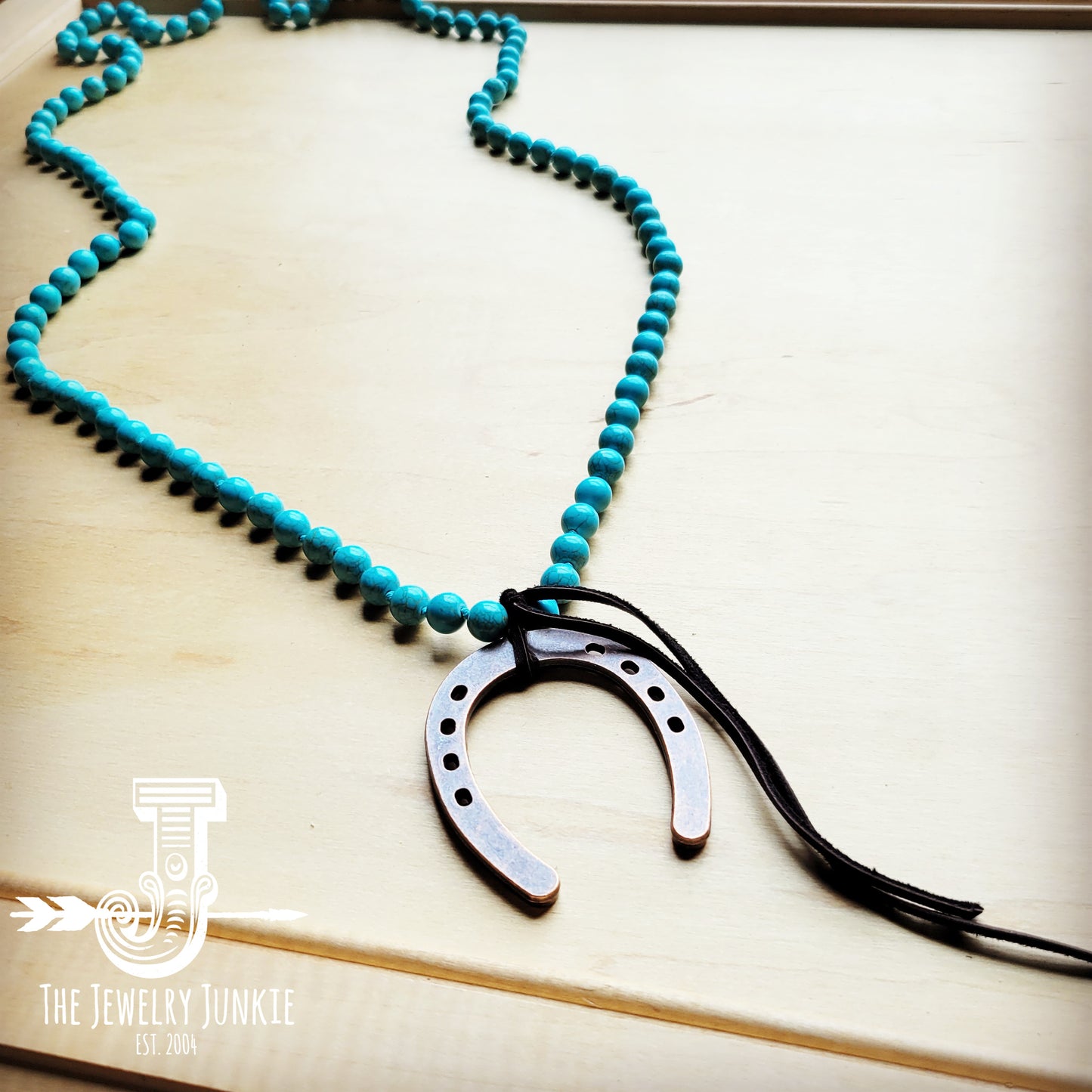 Long Turquoise Beaded Necklace w/ Copper Horse Shoe