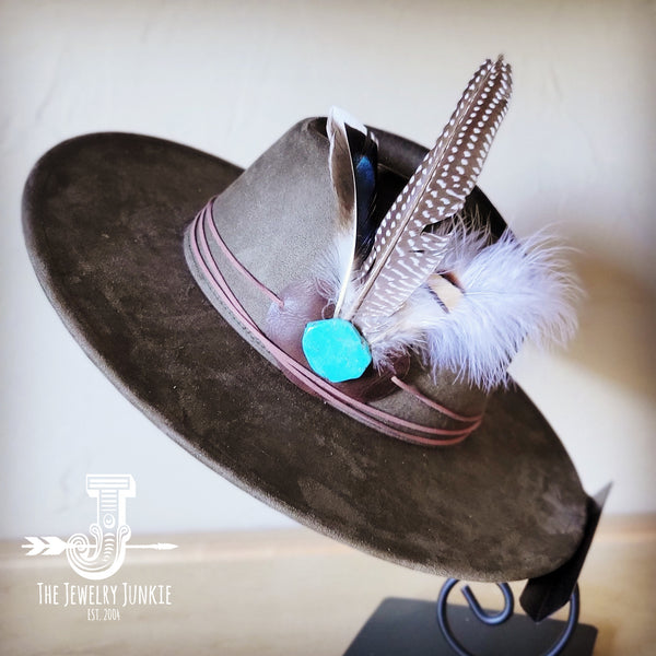 Boho Western hat with genuine leather hat band feathers and turquoise