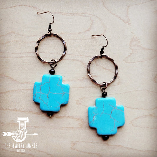 Blue Turquoise Cross Earrings w/ Copper Hoop 221d