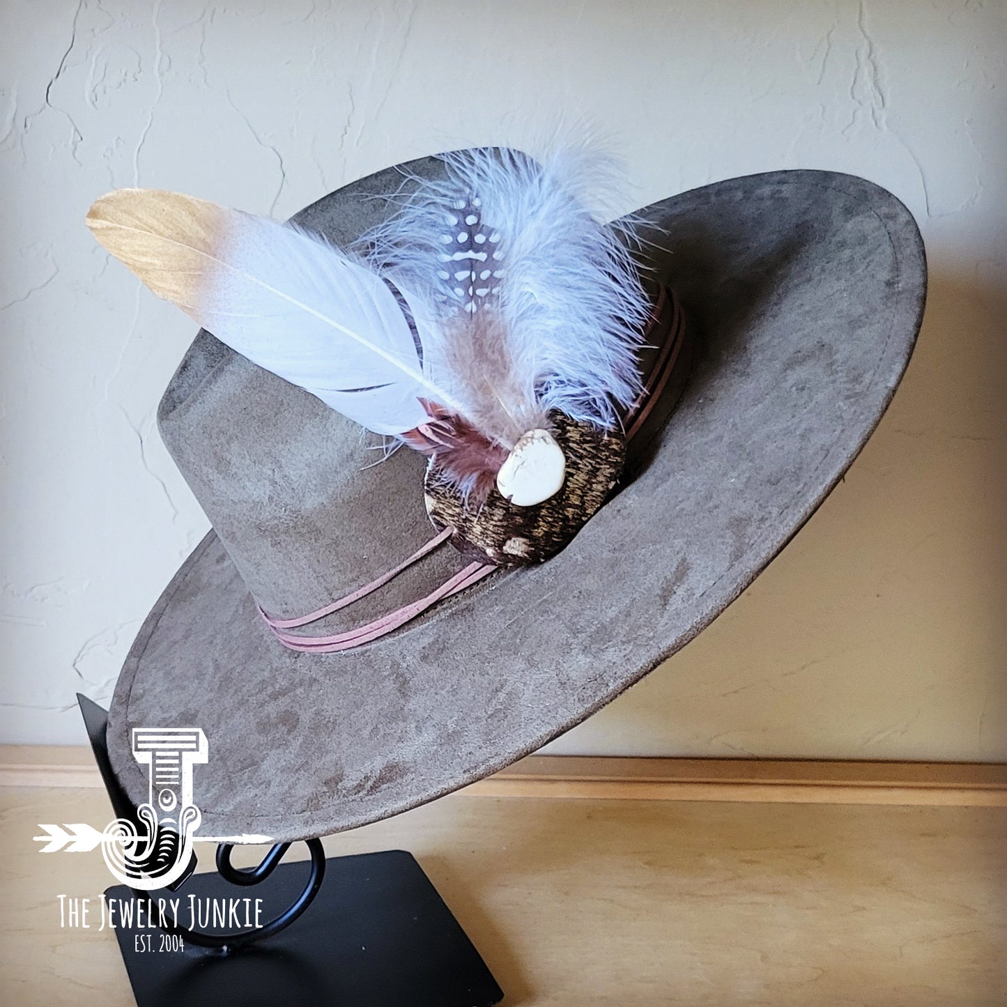 Boho Western hat with genuine leather hat band feathers and turquoise