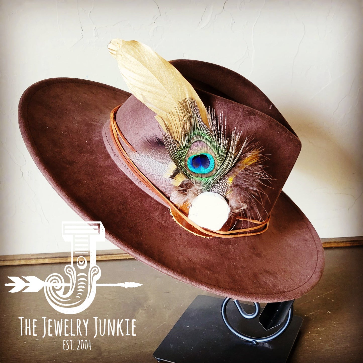 Boho Western hat with genuine leather hat band feathers and turquoise