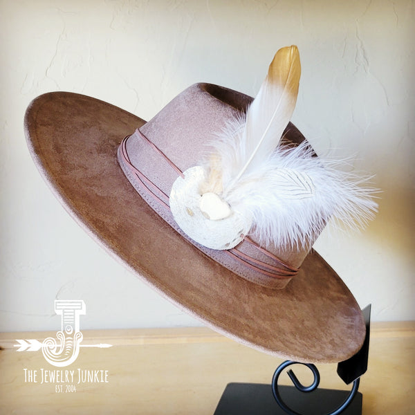 Boho Western hat with genuine leather hat band feathers and turquoise