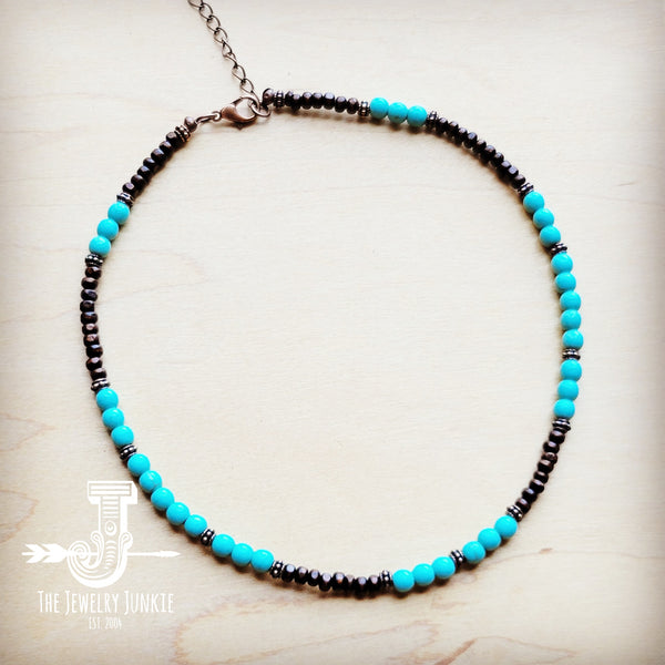 Blue Turquoise, Wood and Copper Beads Collar Necklace 230g