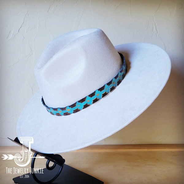 Boho Western hat with genuine leather hat band feathers and turquoise