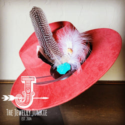 Boho Western hat with genuine leather hat band feathers and turquoise