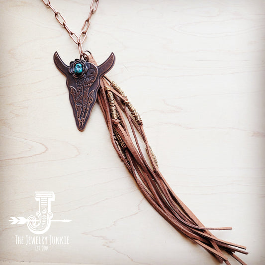 Long Copper Necklace w/ Bull Skull Pendant & Tassel 258kd