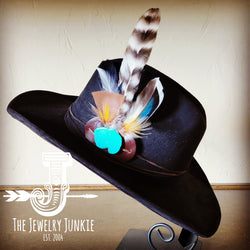 Boho Western hat with genuine leather hat band feathers and turquoise