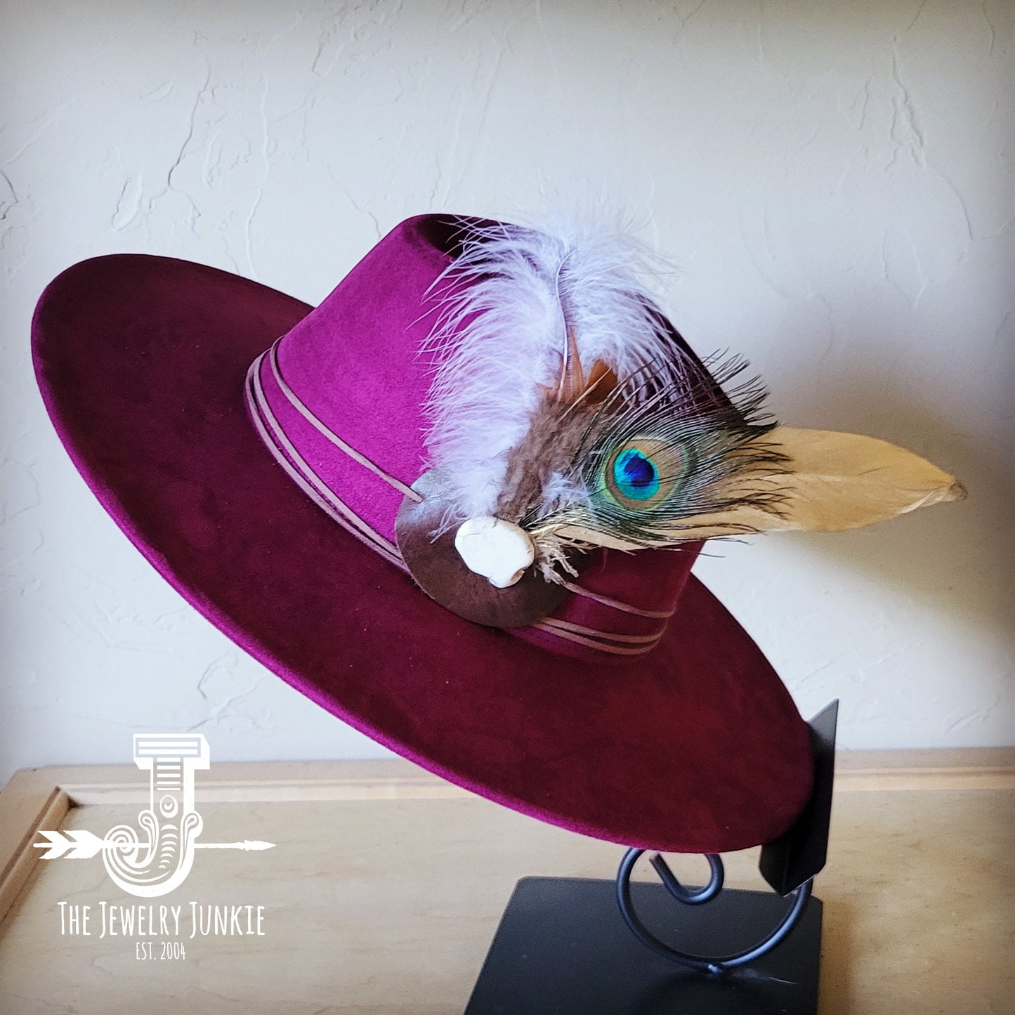 Boho Western hat with genuine leather hat band feathers and turquoise