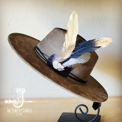 Boho Western hat with genuine leather hat band feathers and turquoise