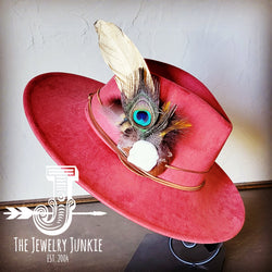 Boho Western hat with genuine leather hat band feathers and turquoise