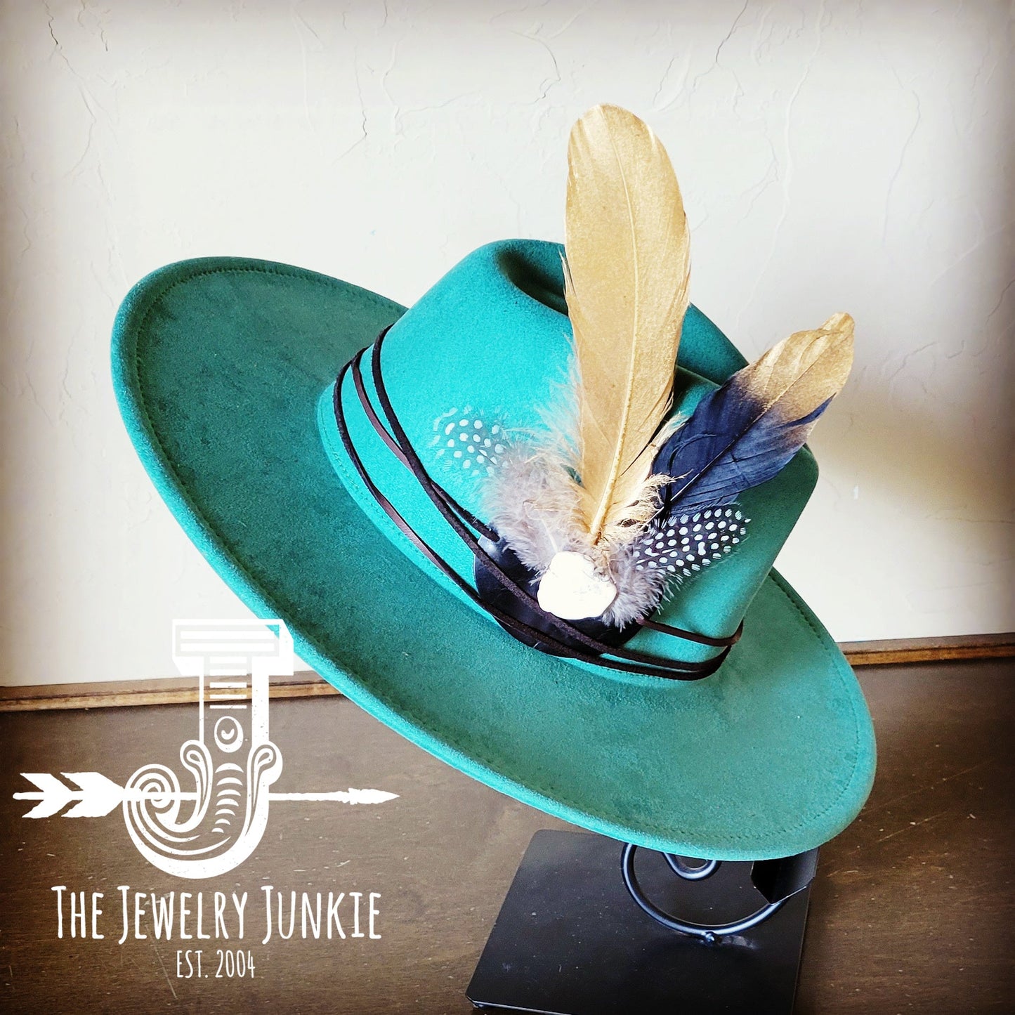 Boho Western hat with genuine leather hat band feathers and turquoise