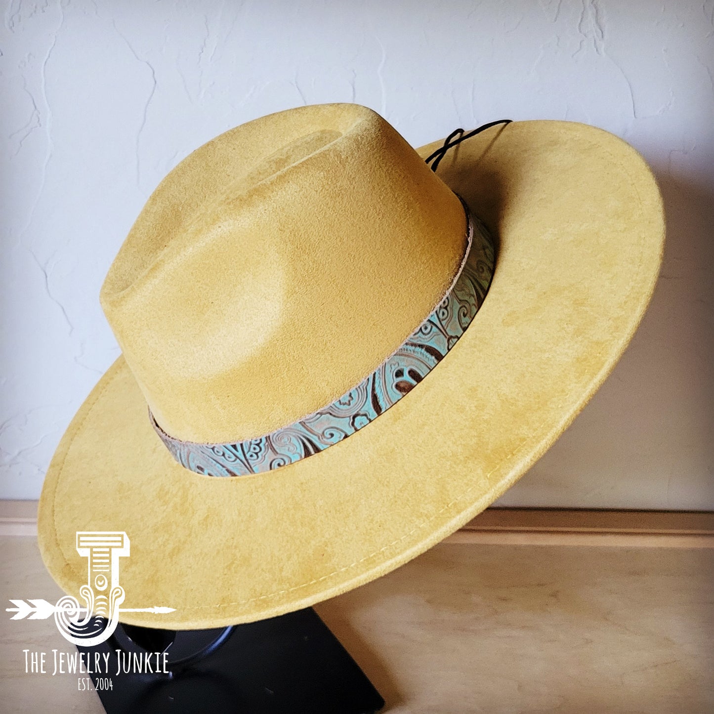 Boho Western hat with genuine leather hat band feathers and turquoise