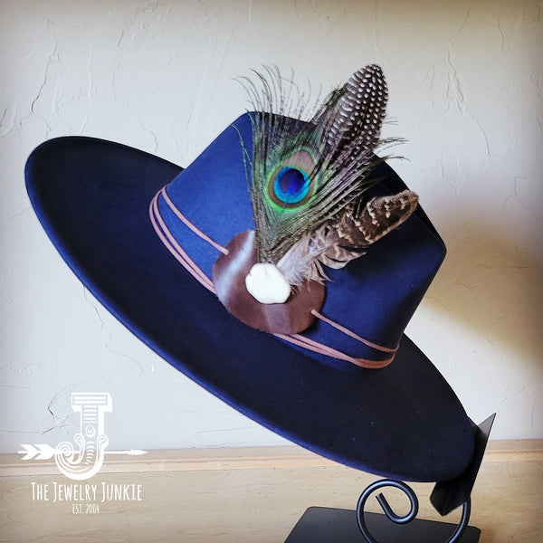 Boho Western hat with genuine leather hat band feathers and turquoise