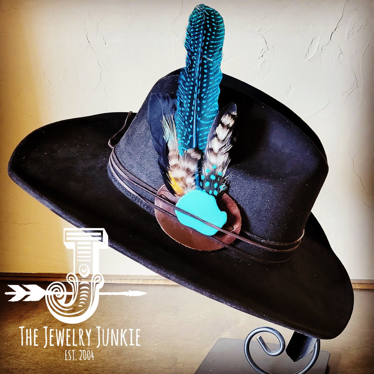 Boho Western hat with genuine leather hat band feathers and turquoise