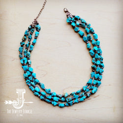 Triple Strand Blue Turquoise & Wood Collar Necklace 259f