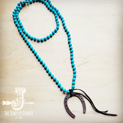 Long Turquoise Beaded Necklace w/ Copper Horse Shoe