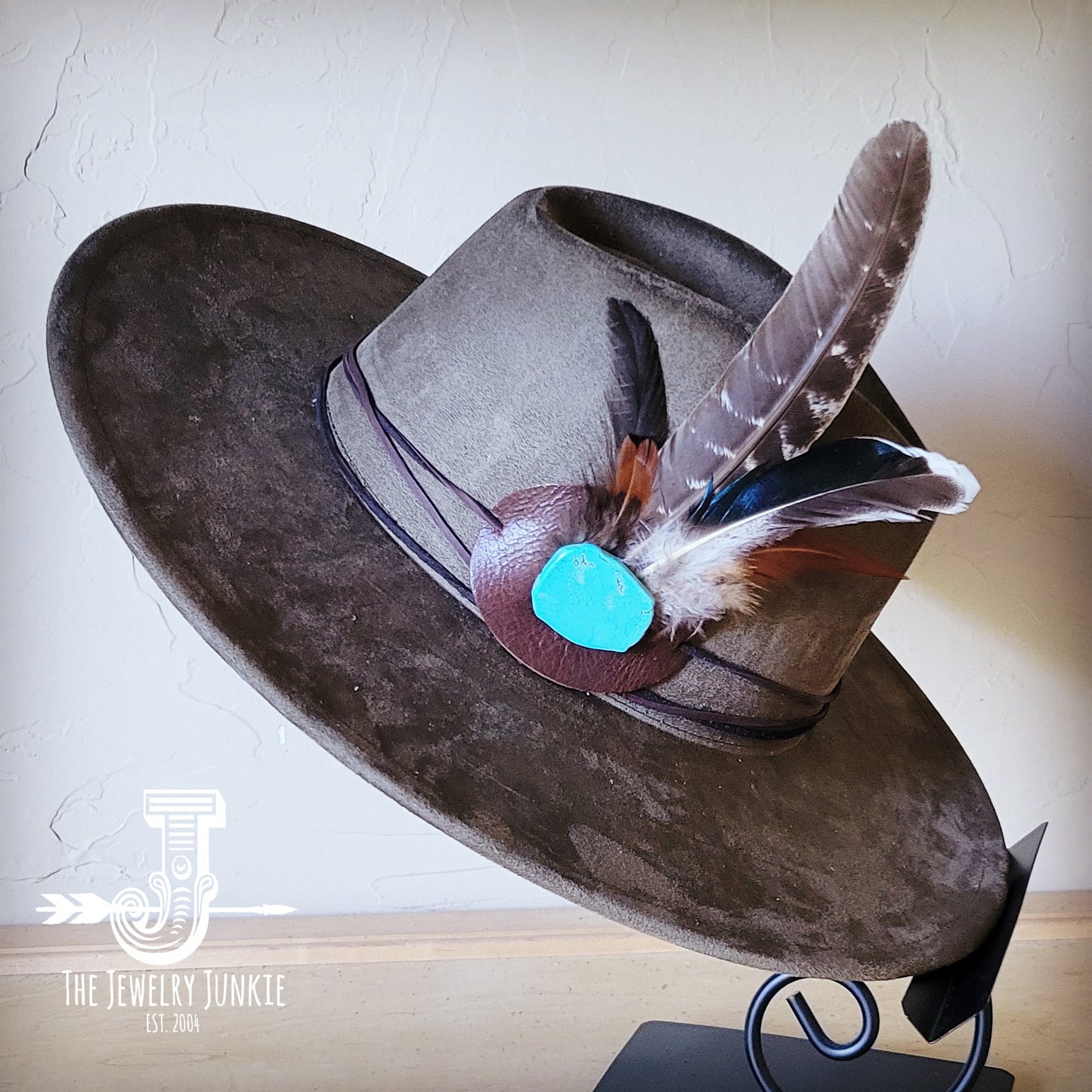 Boho Western hat with genuine leather hat band feathers and turquoise