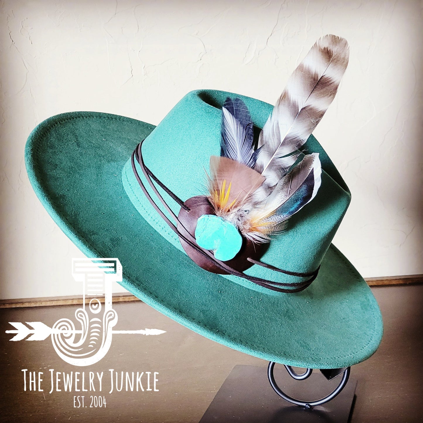 Boho Western hat with genuine leather hat band feathers and turquoise