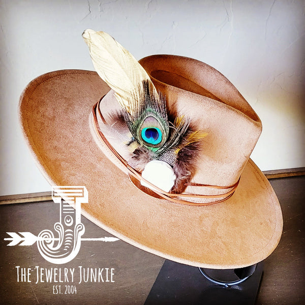 Boho Western hat with genuine leather hat band feathers and turquoise