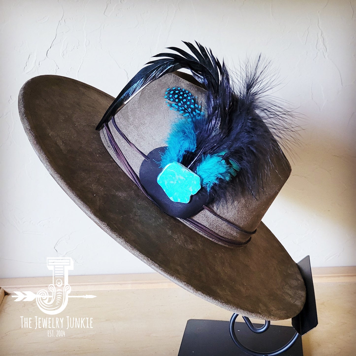 Boho Western hat with genuine leather hat band feathers and turquoise