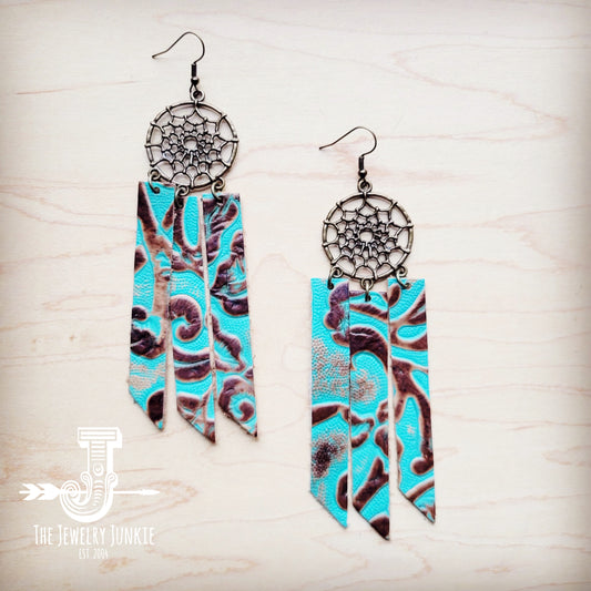 Dream Catcher Earrings w/ Leather Fringe Cowboy Turquoise 200aa