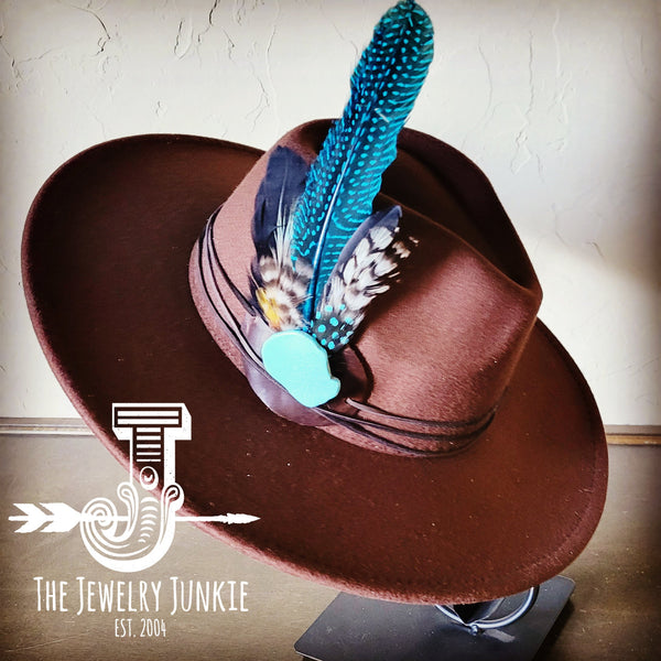 Boho Western hat with genuine leather hat band feathers and turquoise