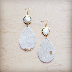 **Gold and Cream Hide on Hair Leather Earring with Freshwater Pearl Connector 219w