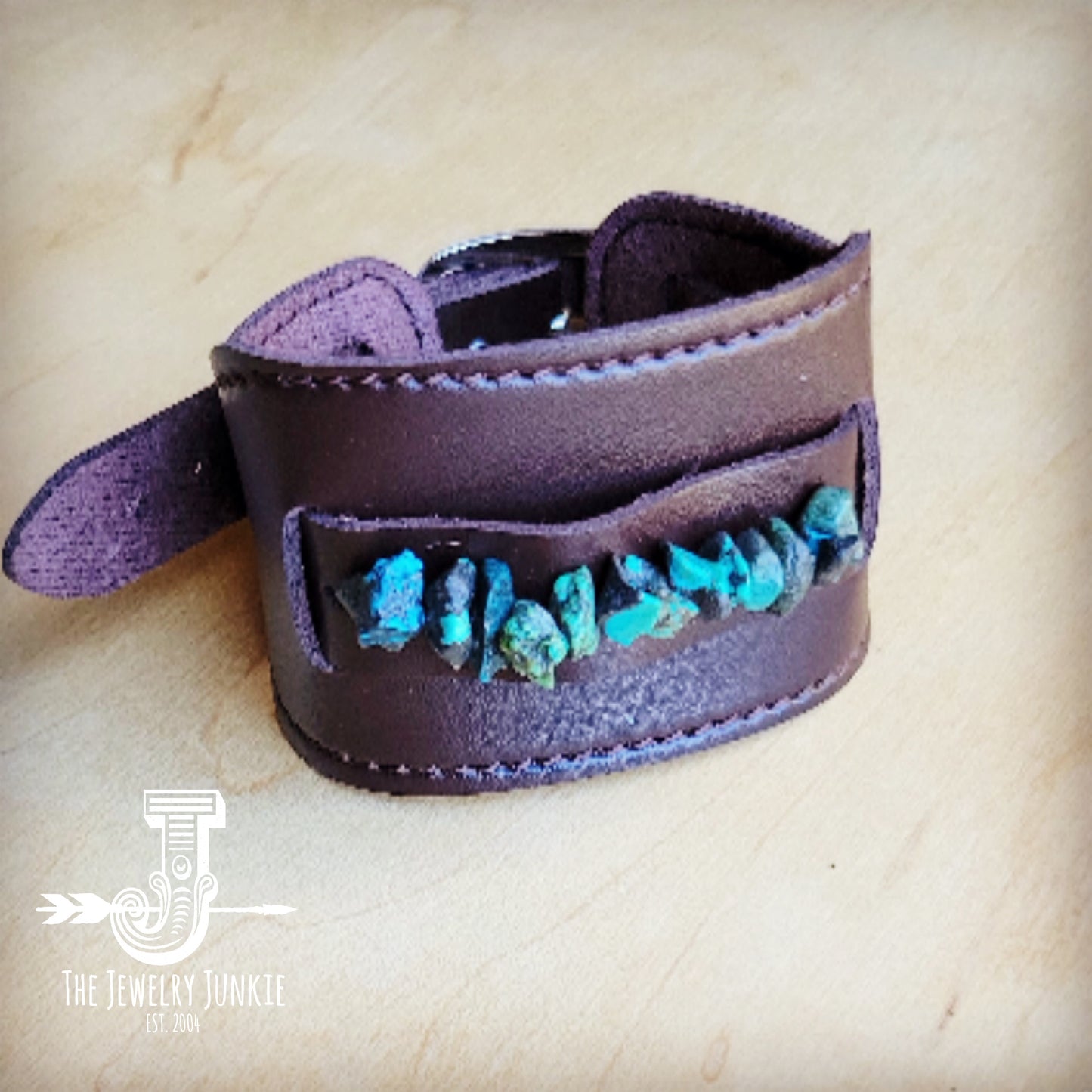 Wide Dark Leather Cuff with Natural Turquoise Chunks 011y