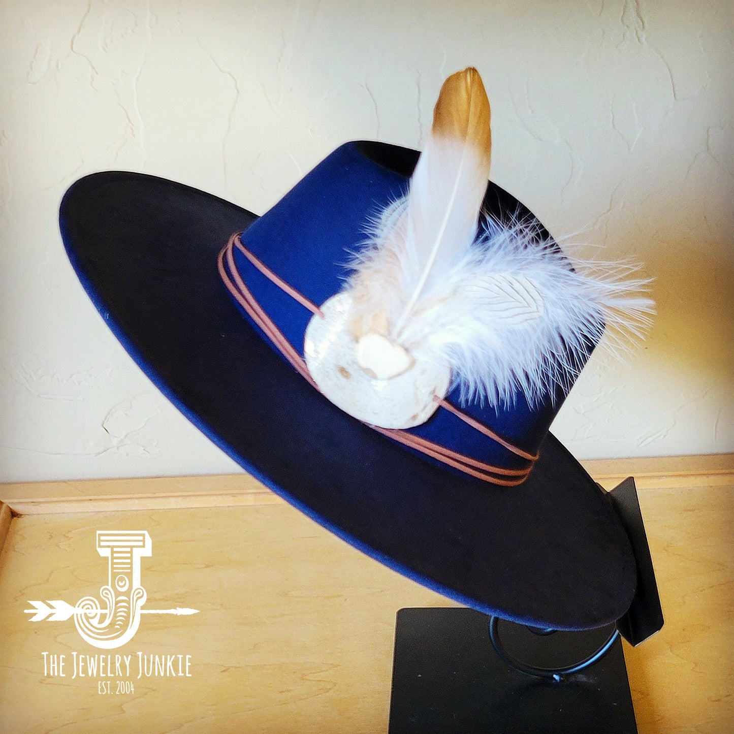 Boho Western hat with genuine leather hat band feathers and turquoise