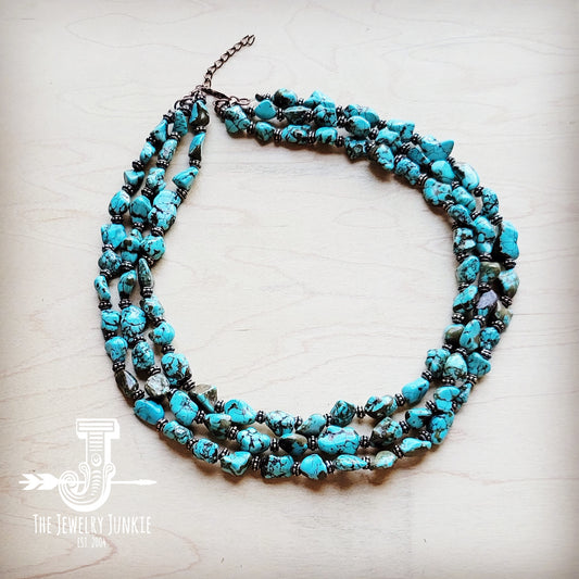 Triple Strand Blue Turquoise & Copper Collar Necklace 259e